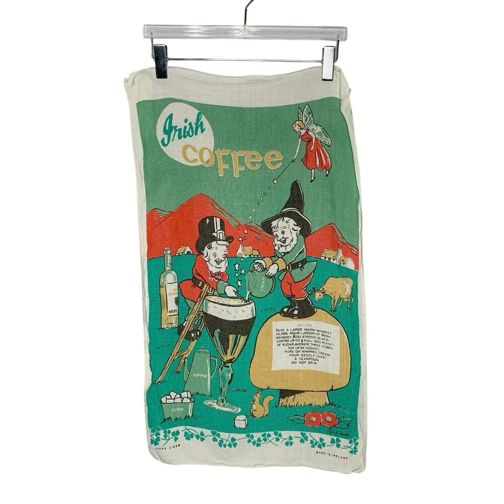 Vintage Irish Linen Tea Towel Irish Coffee Leprechauns Fairy Made in Ireland
